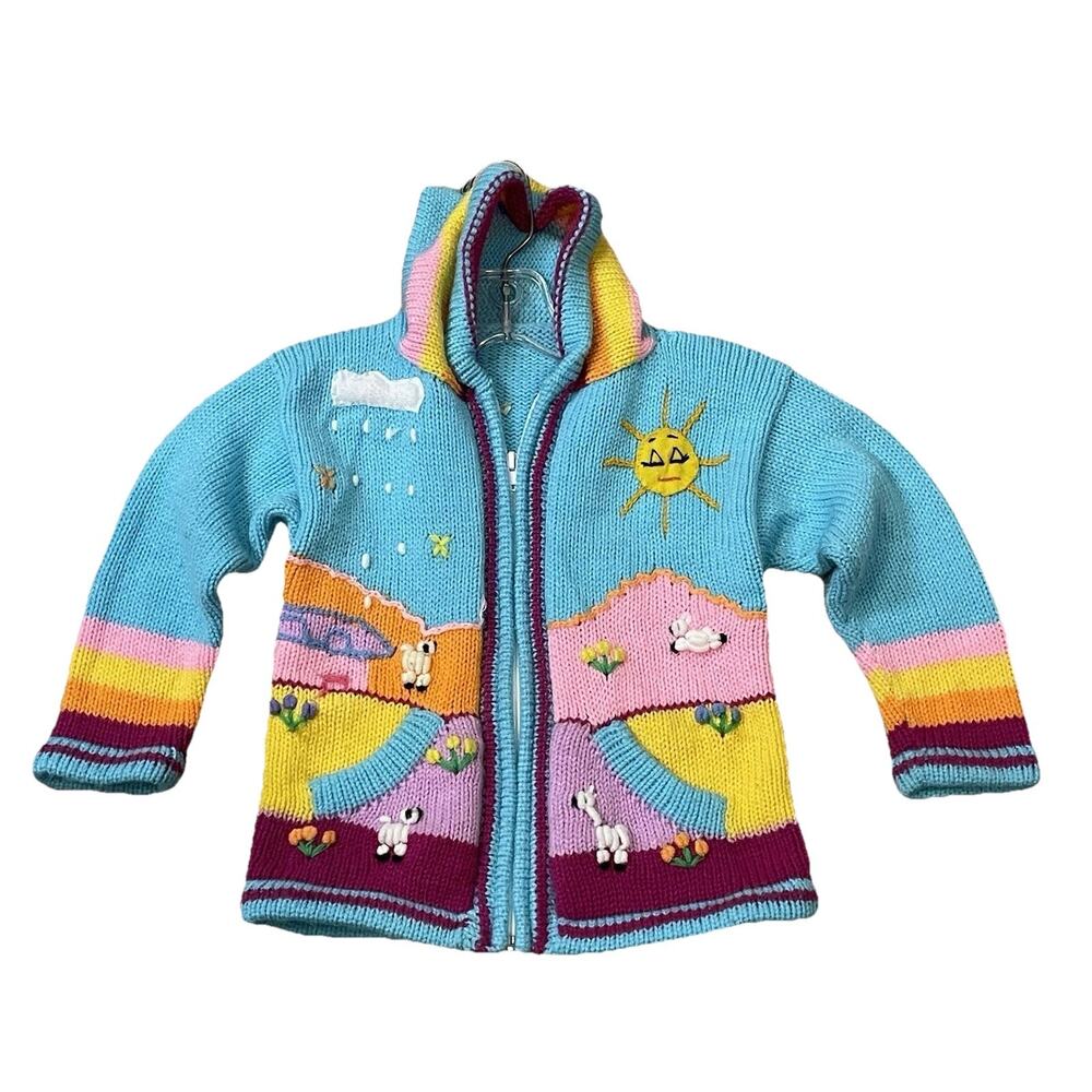 Girls‎ Cardigan Handmade Knit Hooded 6 Sweater Embroidered Colorful Peruvian